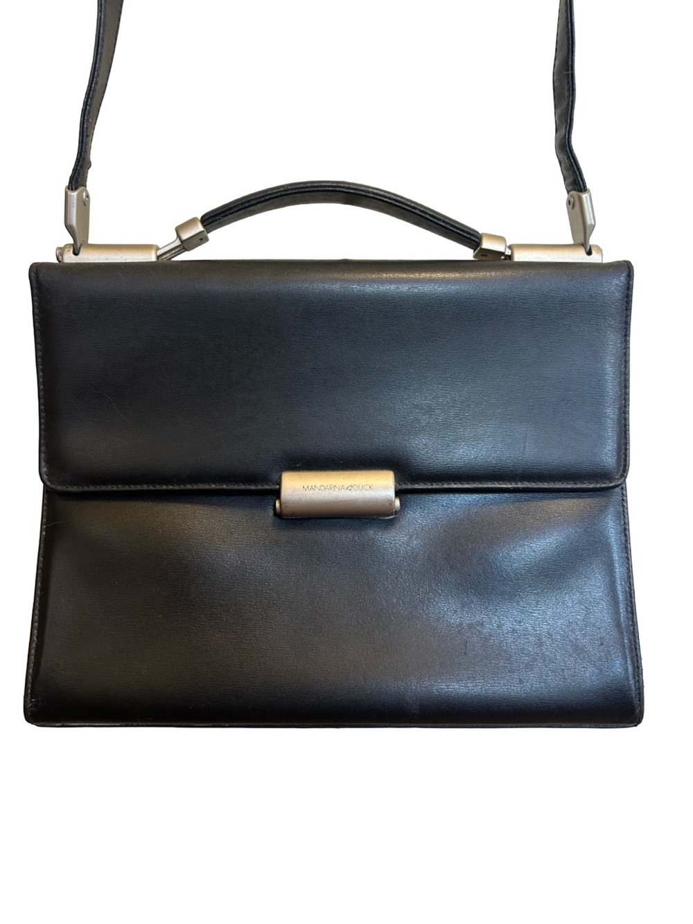 Vintage Mandarina Duck Hera Black Leather Satchel Bag Minimalist 90s Italian